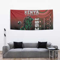 Kenya flag style tapestry with red field, green lion, and repeating decorative motifs