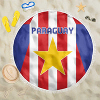 150 cm round beach blanket with fringe, Paraguay red white blue stripes and yellow star