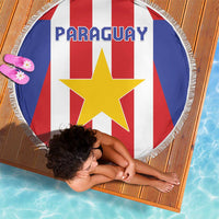 150 cm round beach blanket with fringe, “PARAGUAY” text over red white blue stripes and star