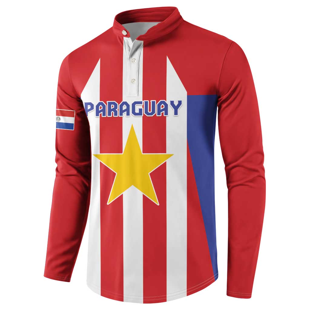 Red long-sleeve football sweatshirt with button placket, Paraguay text and yellow star