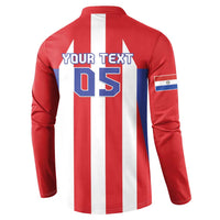 Back red football sweatshirt with button placket, 'YOUR TEXT 05' and vertical stripes