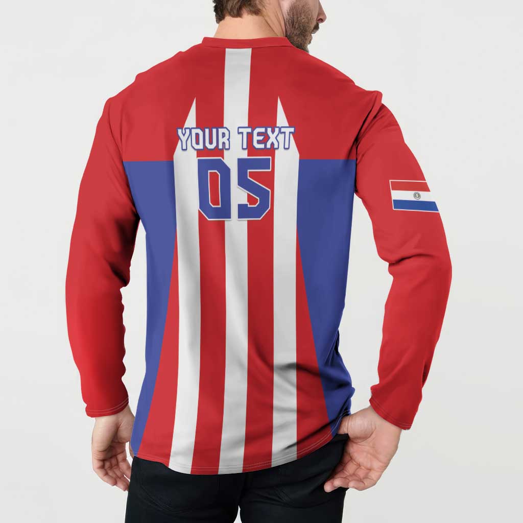 Back red football sweatshirt with button placket, 'YOUR TEXT 05' and Paraguay flag patch
