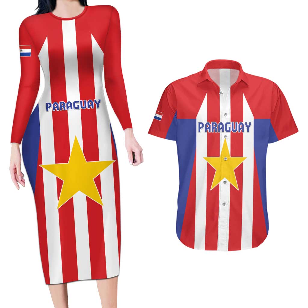 Custom Paraguay Star Football Couples Matching Long Sleeve Bodycon Dress and Hawaiian Shirt Go Albirroja