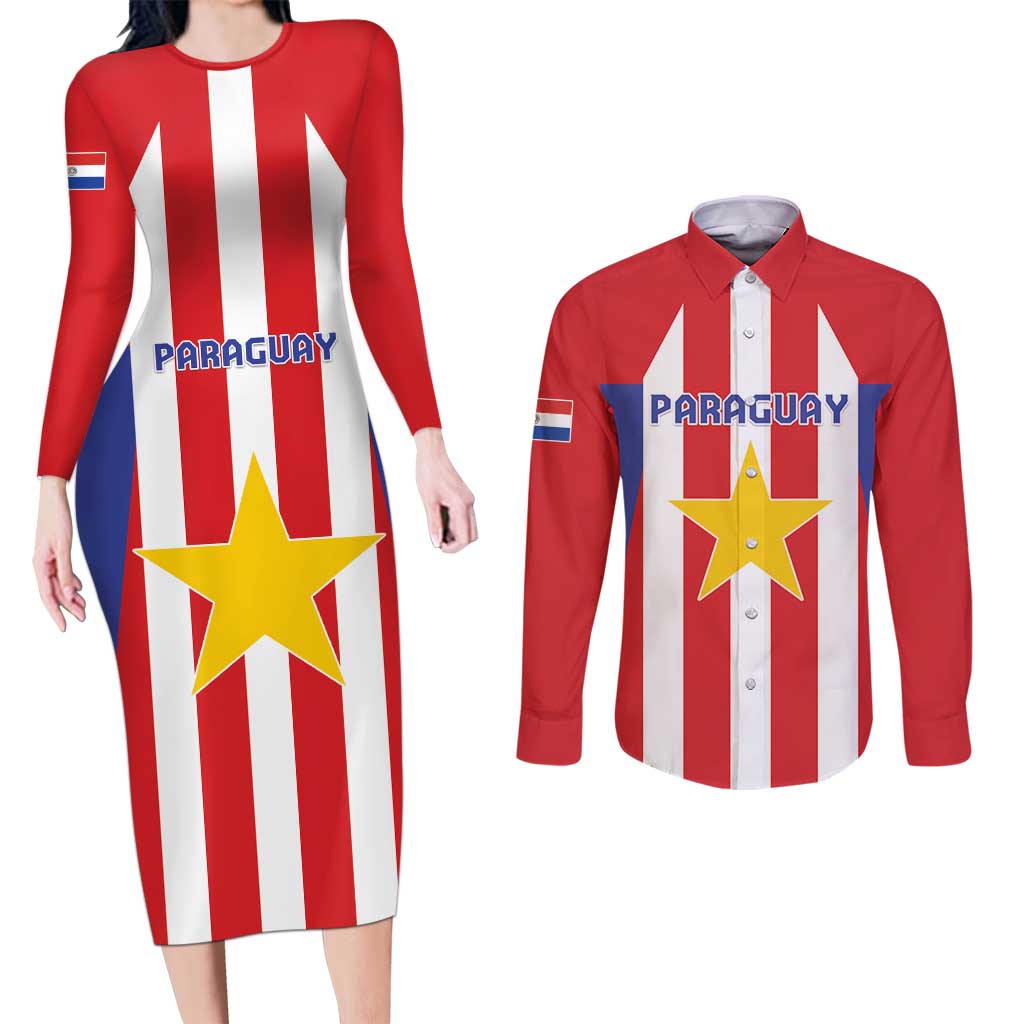 Custom Paraguay Star Football Couples Matching Long Sleeve Bodycon Dress and Long Sleeve Button Shirt Go Albirroja