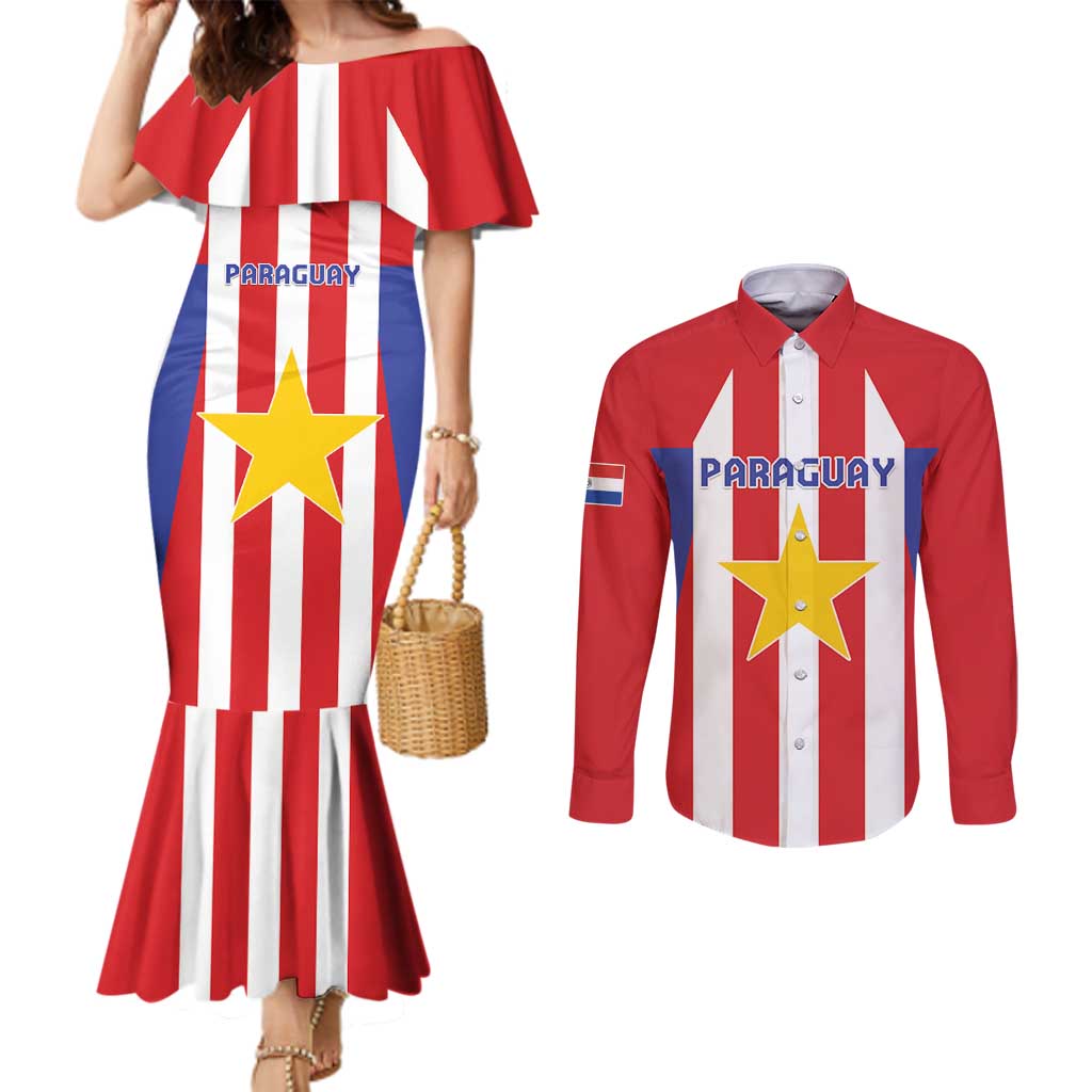 Custom Paraguay Star Football Couples Matching Mermaid Dress and Long Sleeve Button Shirt Go Albirroja