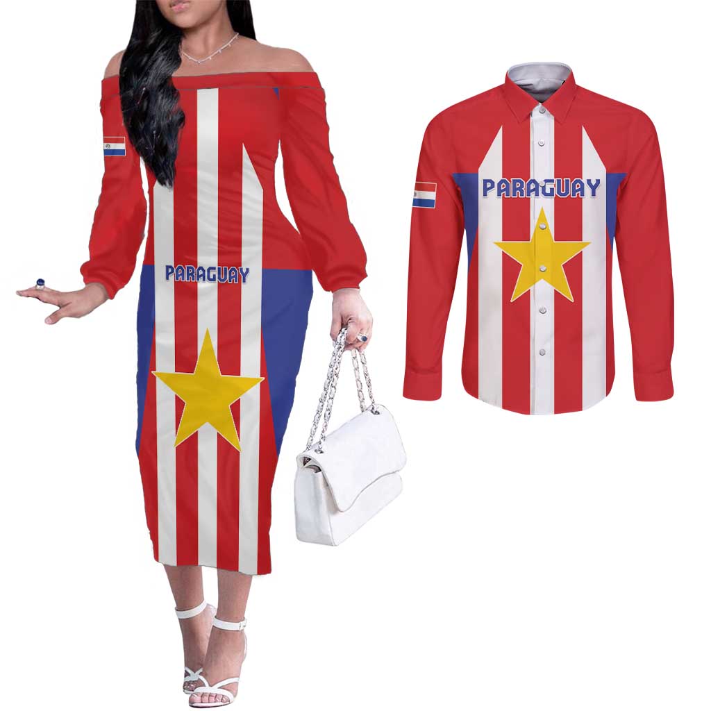 Custom Paraguay Star Football Couples Matching Off The Shoulder Long Sleeve Dress and Long Sleeve Button Shirt Go Albirroja