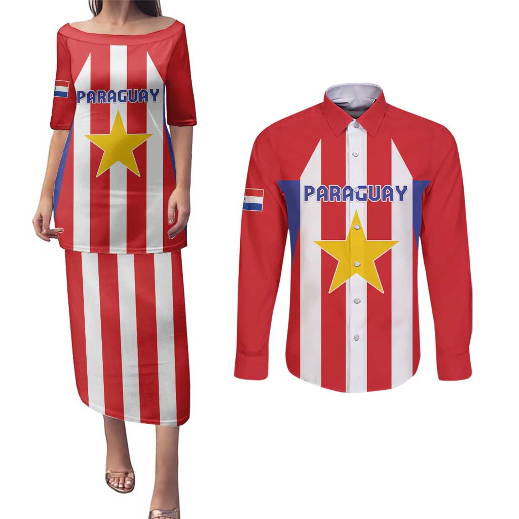 Custom Paraguay Star Football Couples Matching Puletasi and Long Sleeve Button Shirt Go Albirroja