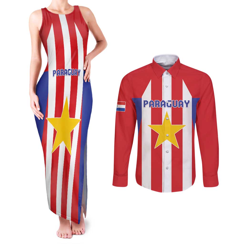 Custom Paraguay Star Football Couples Matching Tank Maxi Dress and Long Sleeve Button Shirt Go Albirroja