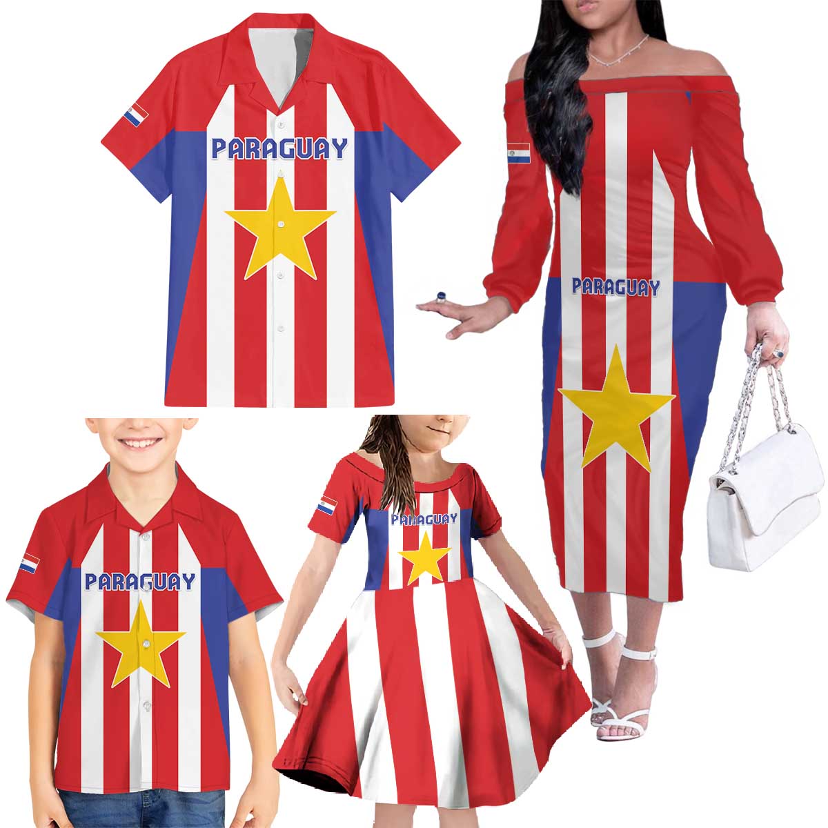 Custom Paraguay Star Football Family Matching Off The Shoulder Long Sleeve Dress and Hawaiian Shirt Go Albirroja