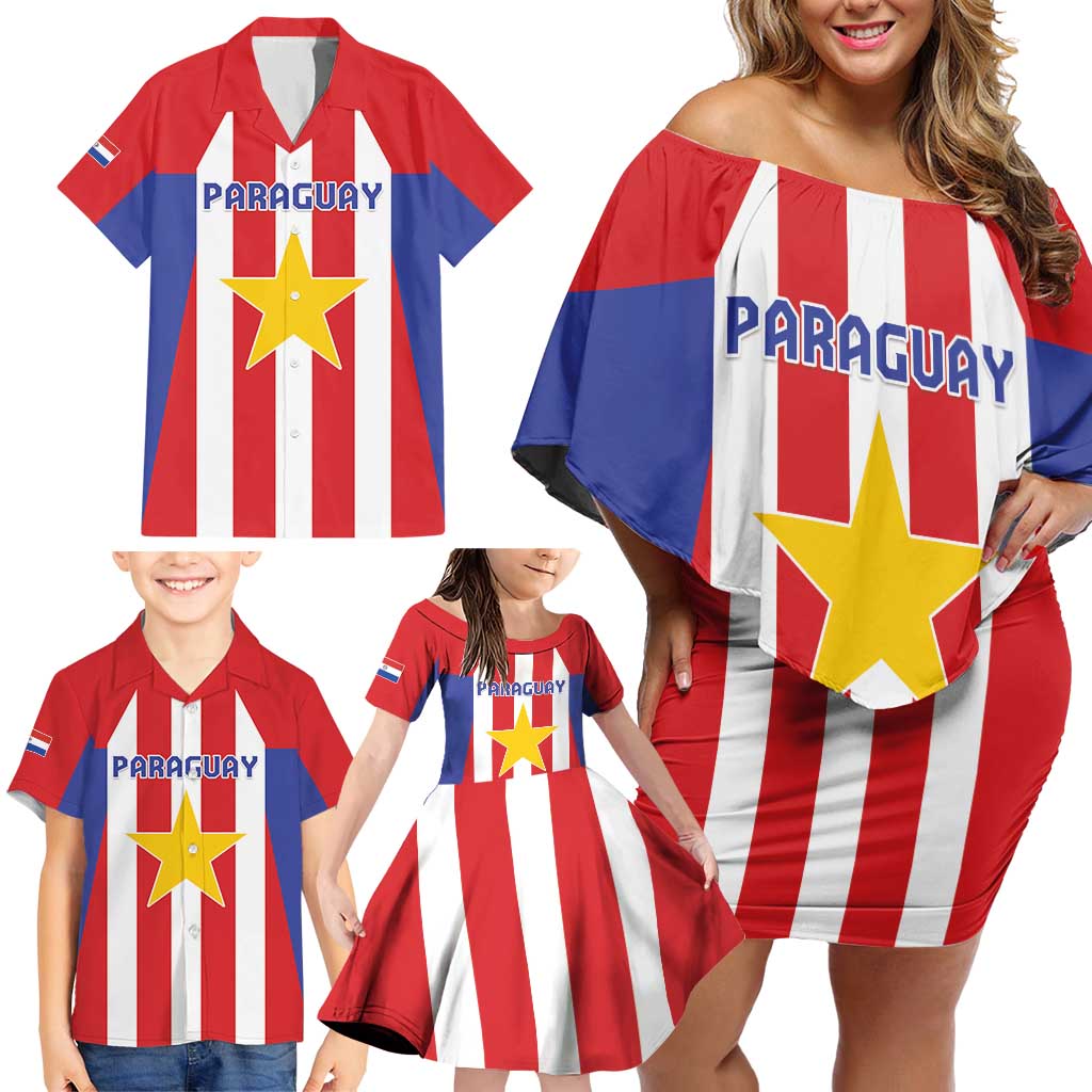 Custom Paraguay Star Football Family Matching Off Shoulder Short Dress and Hawaiian Shirt Go Albirroja