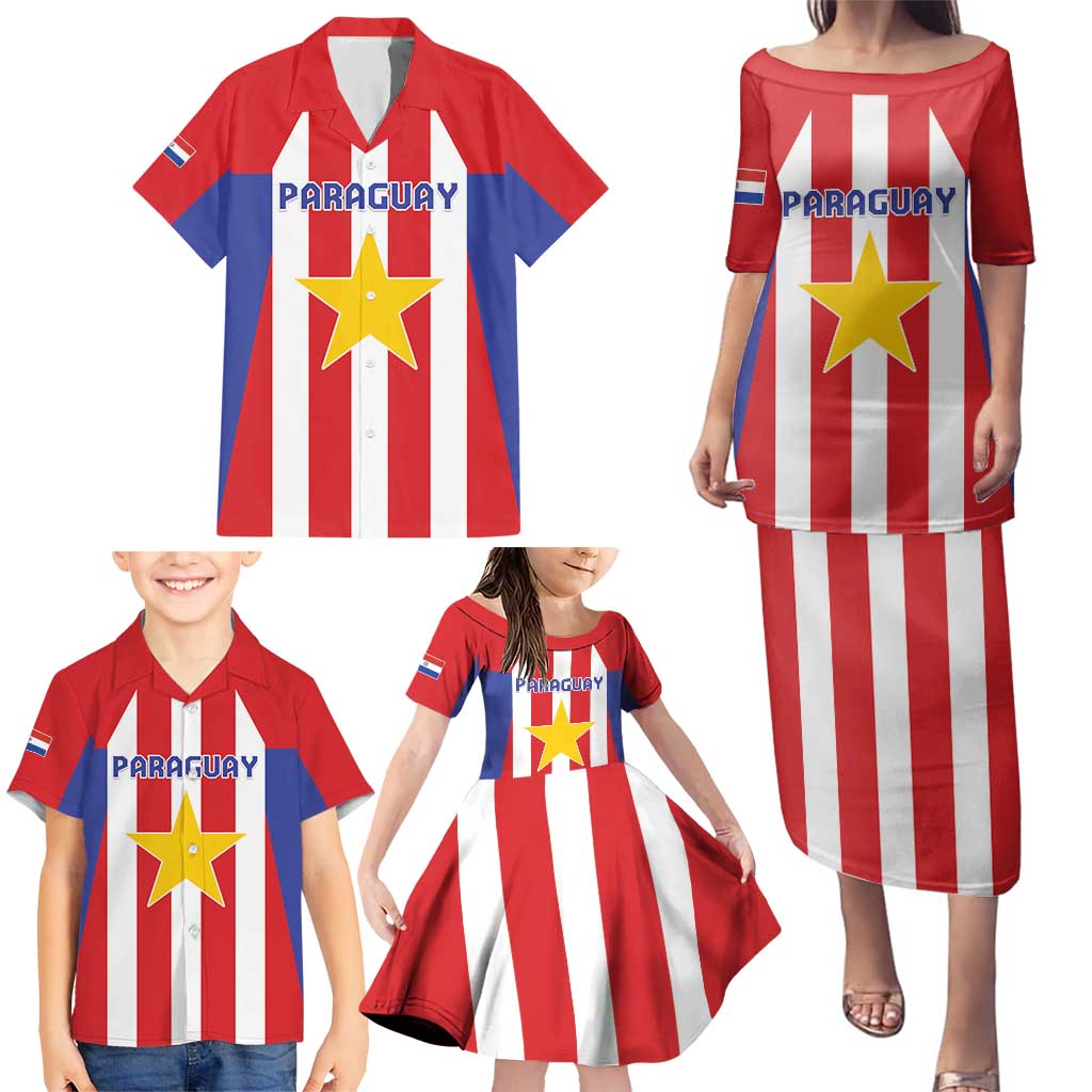 Custom Paraguay Star Football Family Matching Puletasi and Hawaiian Shirt Go Albirroja