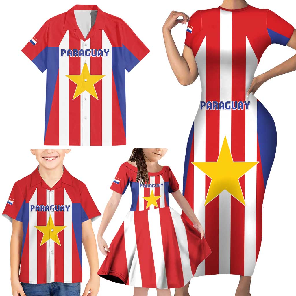 Custom Paraguay Star Football Family Matching Short Sleeve Bodycon Dress and Hawaiian Shirt Go Albirroja