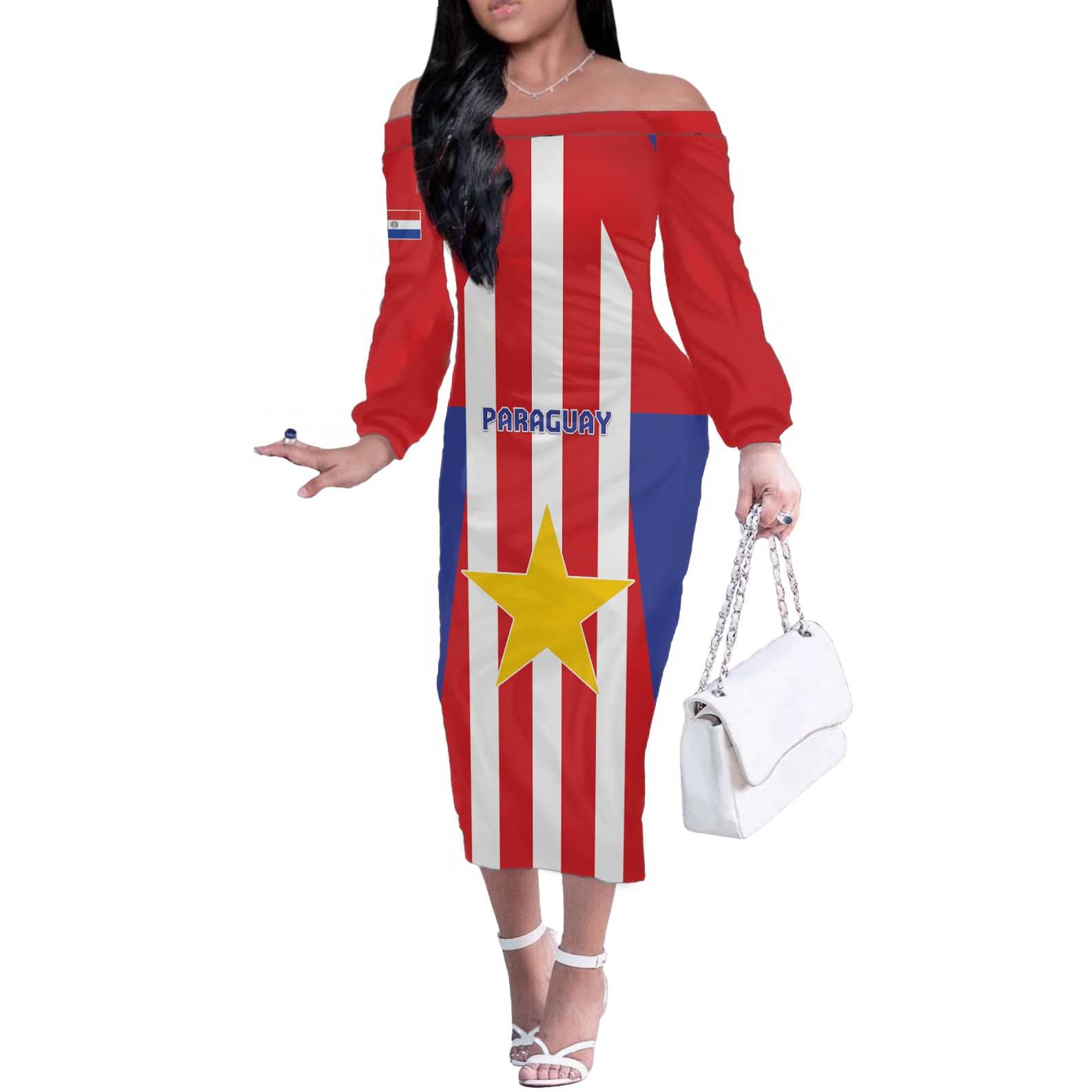 Custom Paraguay Star Football Off The Shoulder Long Sleeve Dress Go Albirroja