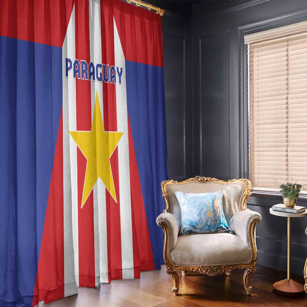 Paraguay flag window curtain panels, red-blue-white stripes with a centered gold star emblem
