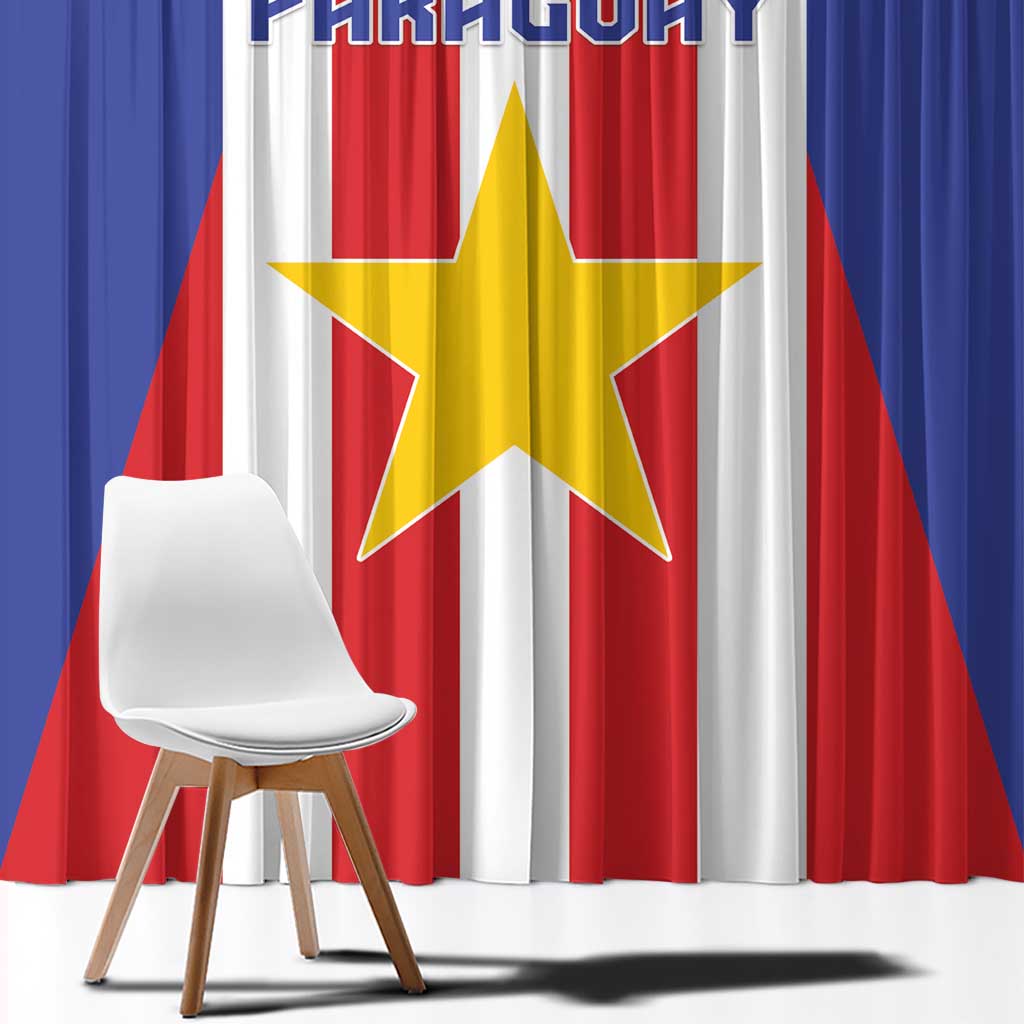 Paraguay flag window curtain close-up: gold star over red, white, and blue vertical stripes