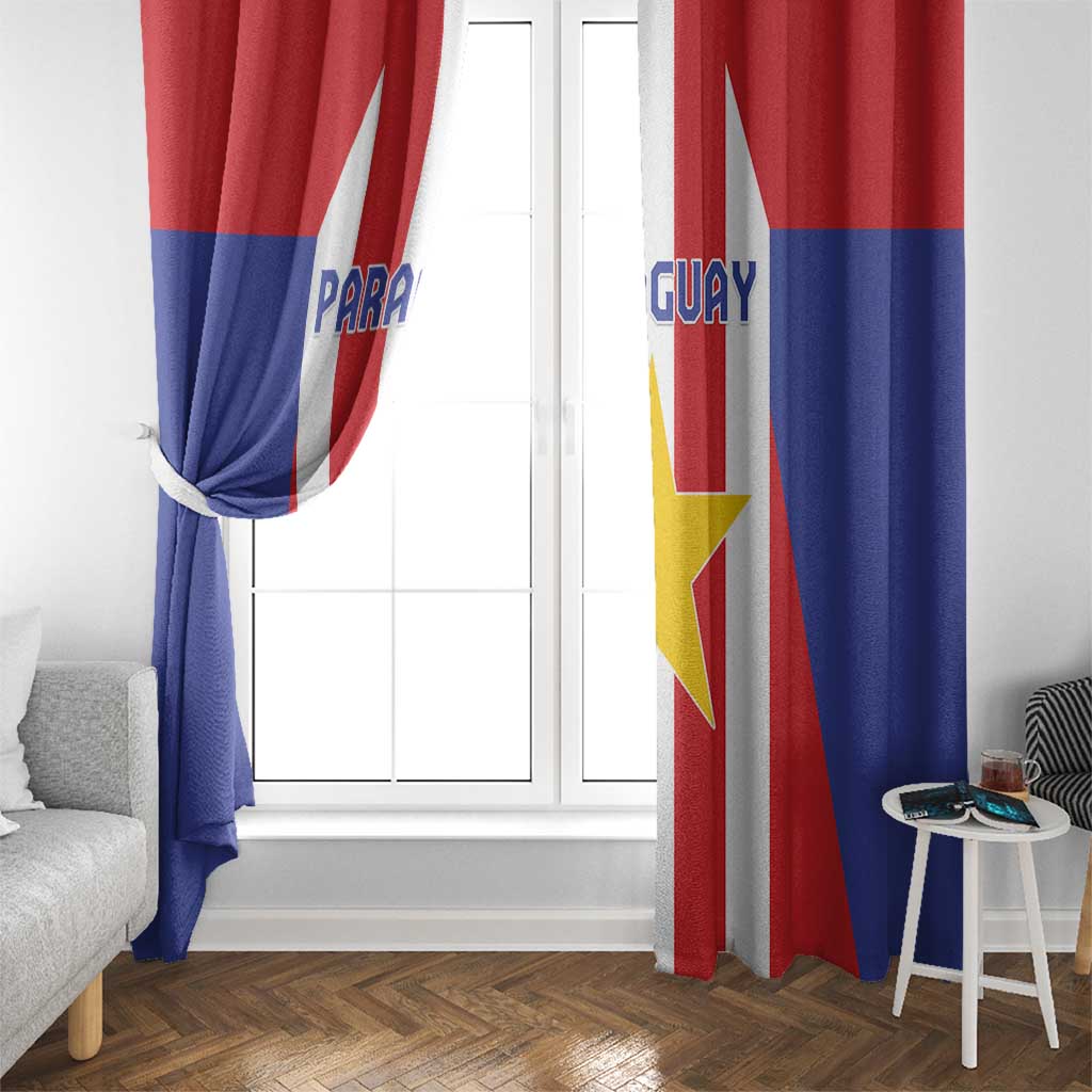 Paraguay flag window curtain with a tied-back left panel and gold star on striped fabric
