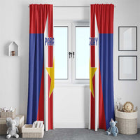 Paraguay flag window curtain pair with red and blue outer panels, white center stripe, gold star