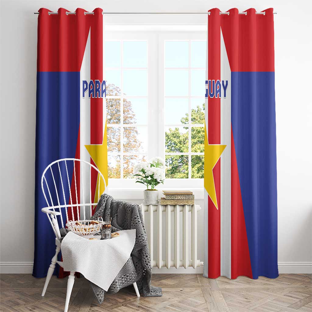 Paraguay flag window curtain with top header rings and vertical red, white, and blue stripes