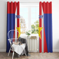 Paraguay flag window curtain with top header rings and vertical red, white, and blue stripes