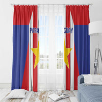 Paraguay flag window curtain set with grommet-style header rings over a white sheer background