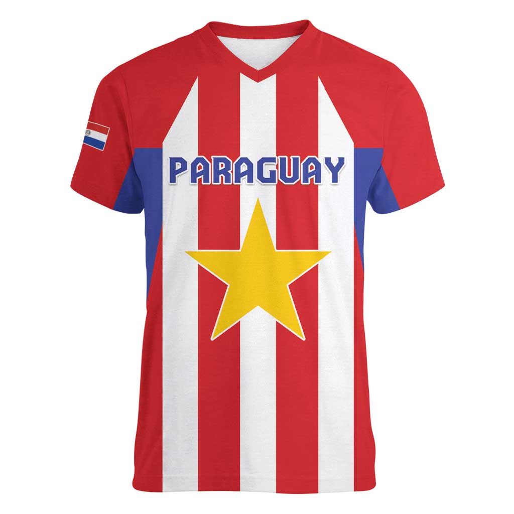 Custom Paraguay Star Football Women V-Neck T-Shirt Go Albirroja