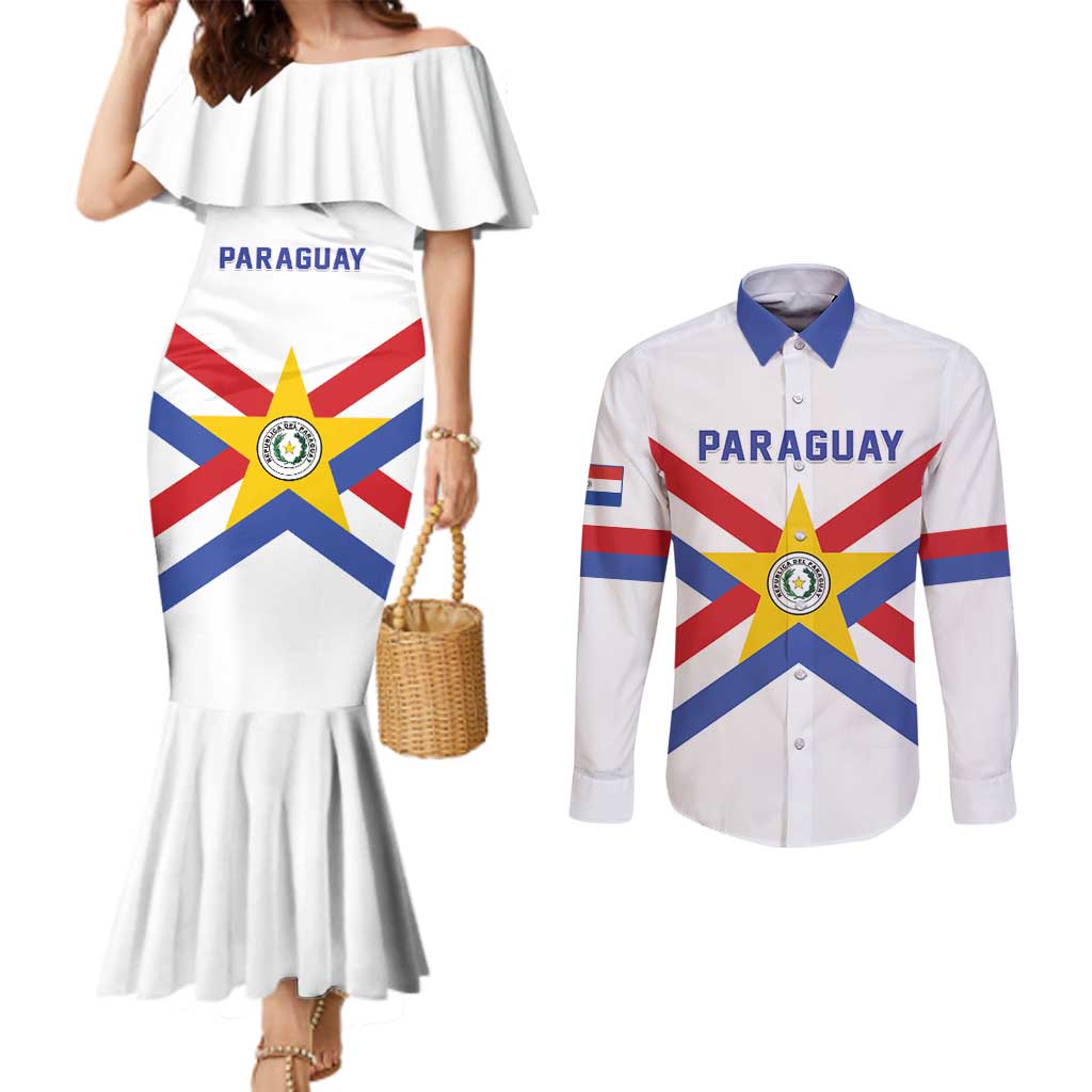 Custom Paraguay Football Couples Matching Mermaid Dress and Long Sleeve Button Shirt Unique Style