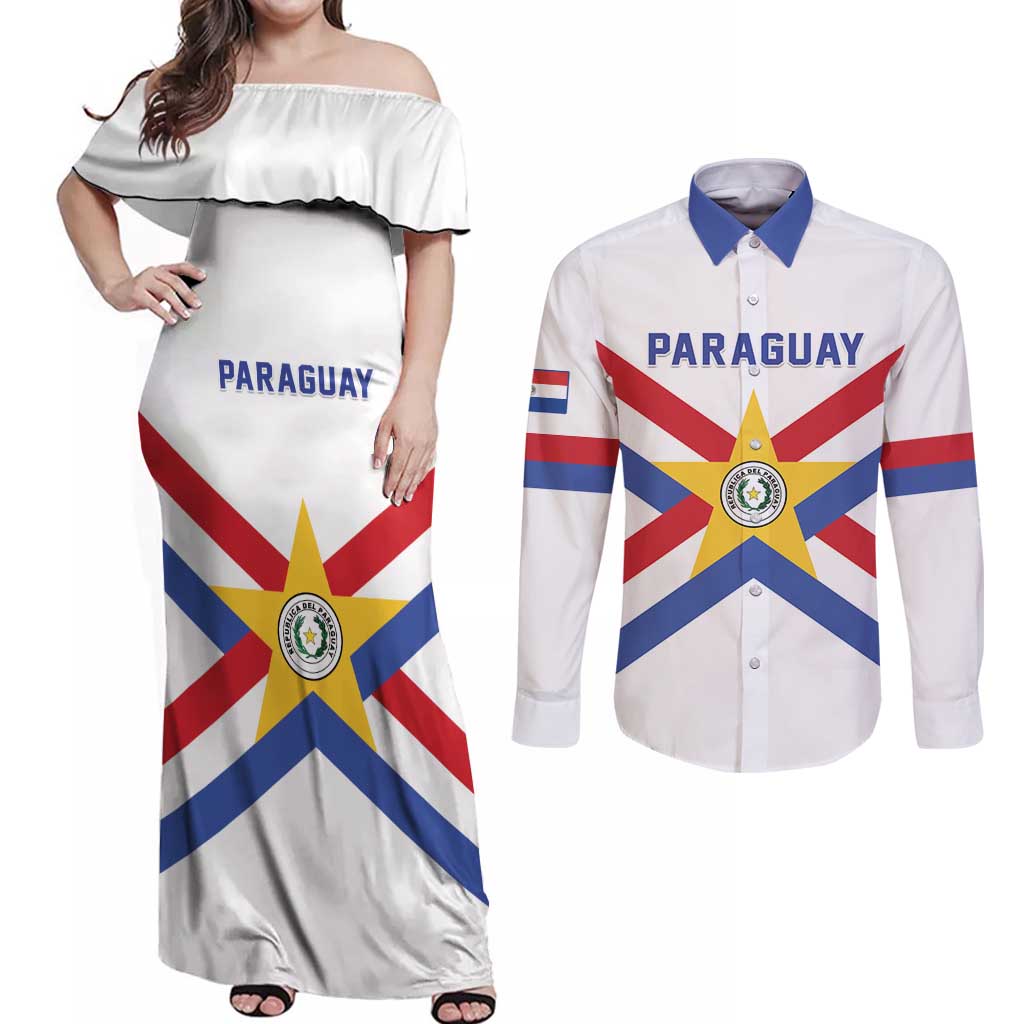 Custom Paraguay Football Couples Matching Off Shoulder Maxi Dress and Long Sleeve Button Shirt Unique Style