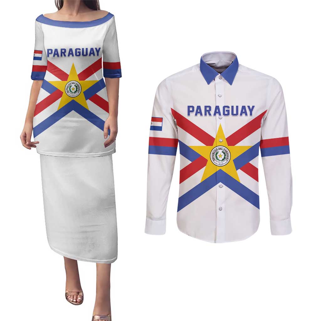 Custom Paraguay Football Couples Matching Puletasi and Long Sleeve Button Shirt Unique Style