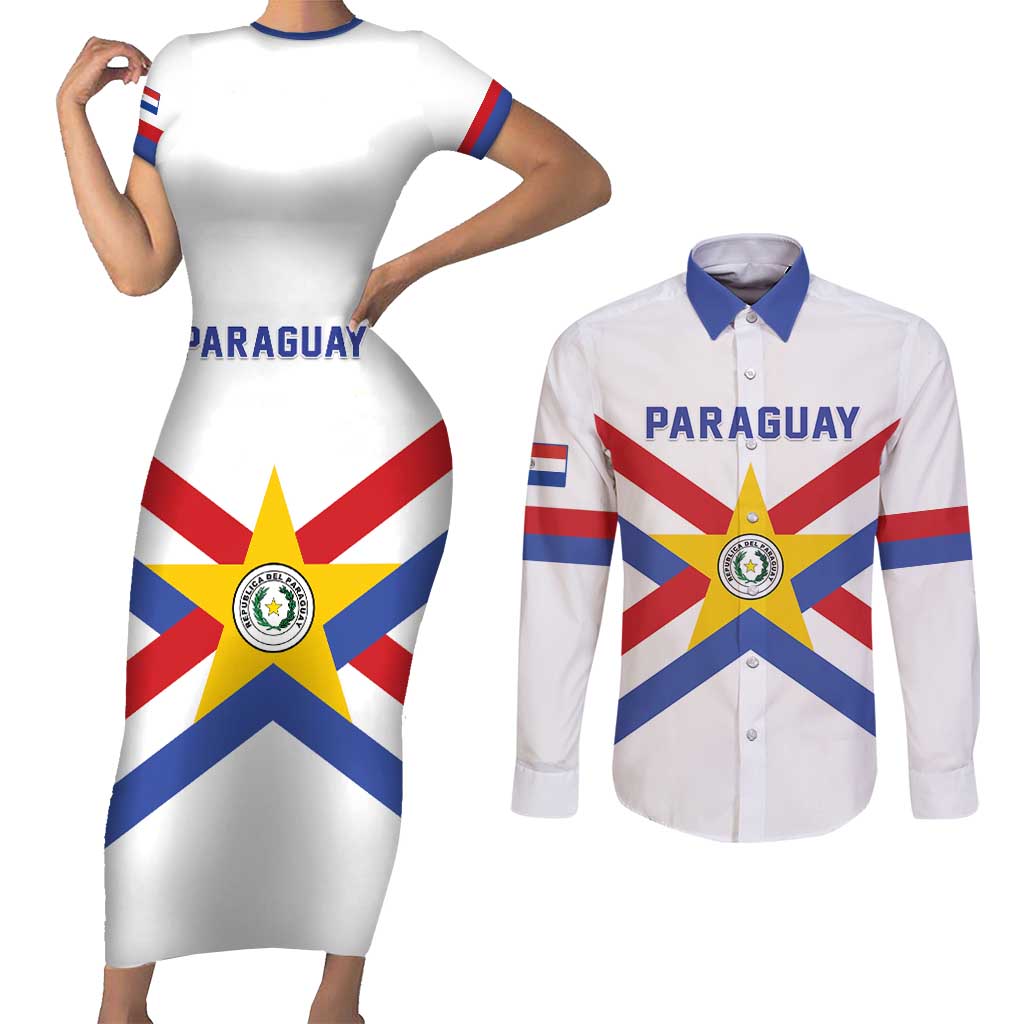 Custom Paraguay Football Couples Matching Short Sleeve Bodycon Dress and Long Sleeve Button Shirt Unique Style