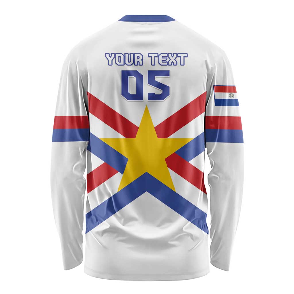 White long-sleeve football shirt back with 'YOUR TEXT' and '05' on Paraguay flag