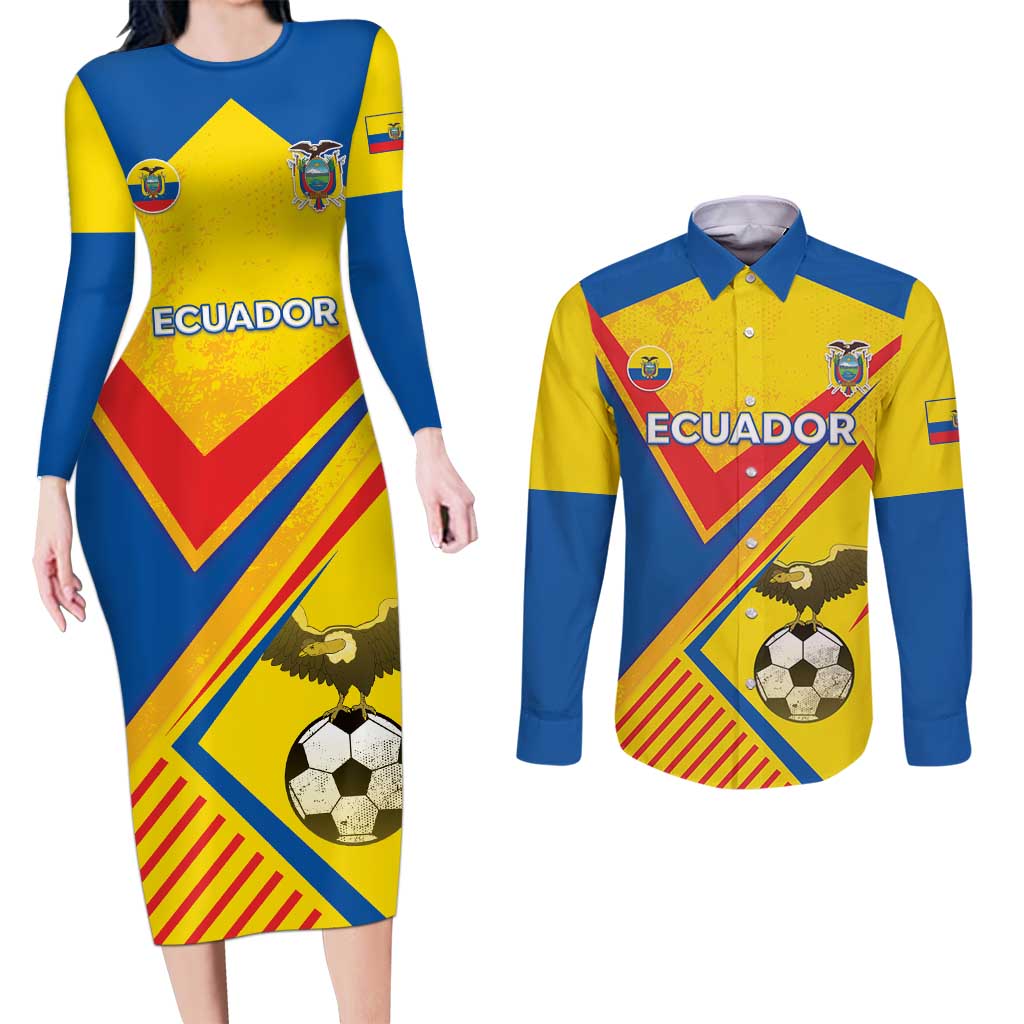 Custom Ecuador Football Couples Matching Long Sleeve Bodycon Dress and Long Sleeve Button Shirt La Tricolor Sporty Style