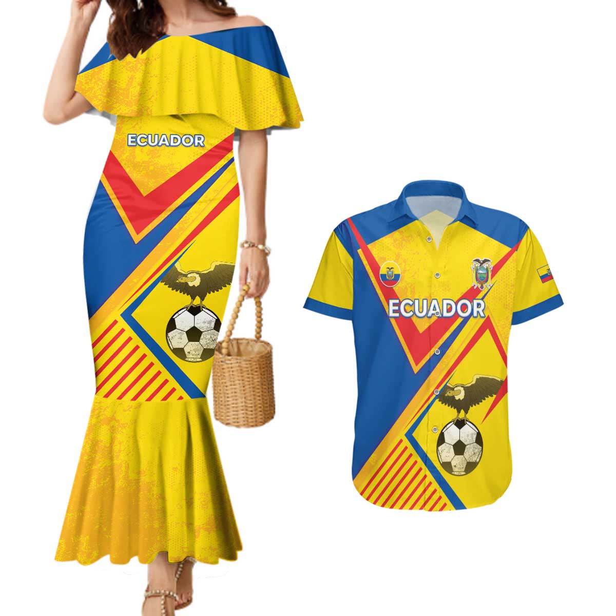 Custom Ecuador Football Couples Matching Mermaid Dress and Hawaiian Shirt La Tricolor Sporty Style