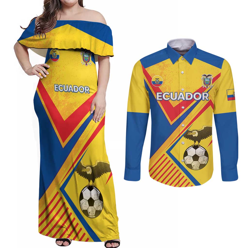 Custom Ecuador Football Couples Matching Off Shoulder Maxi Dress and Long Sleeve Button Shirt La Tricolor Sporty Style