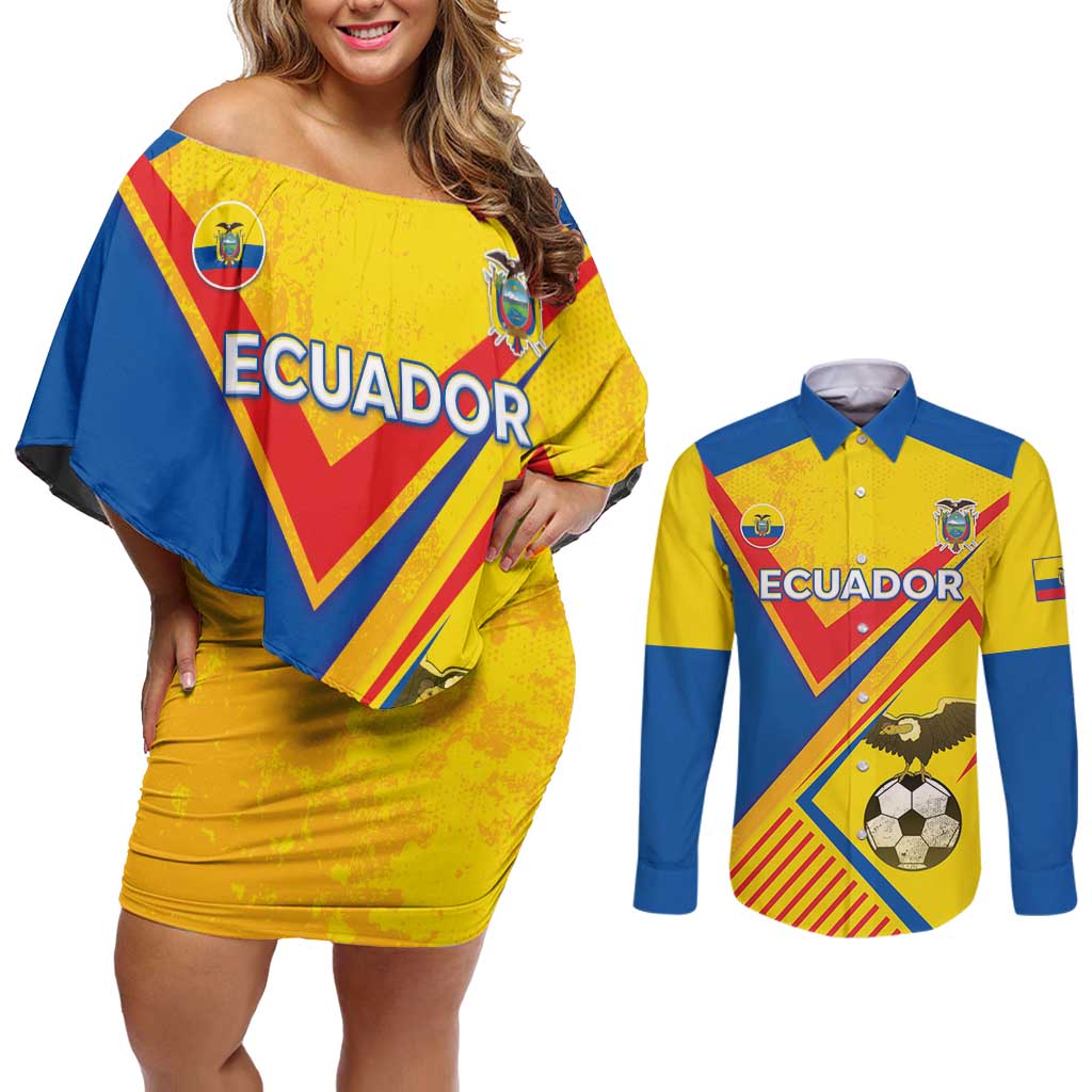 Custom Ecuador Football Couples Matching Off Shoulder Short Dress and Long Sleeve Button Shirt La Tricolor Sporty Style