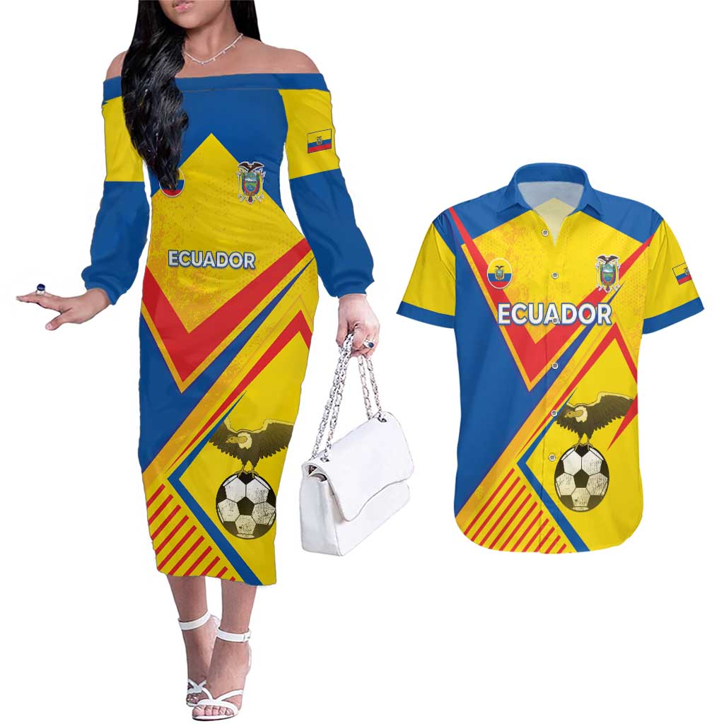 Custom Ecuador Football Couples Matching Off The Shoulder Long Sleeve Dress and Hawaiian Shirt La Tricolor Sporty Style