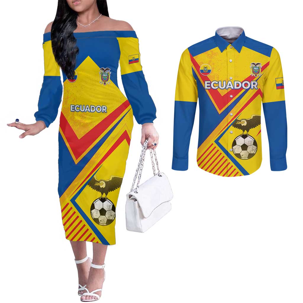 Custom Ecuador Football Couples Matching Off The Shoulder Long Sleeve Dress and Long Sleeve Button Shirt La Tricolor Sporty Style