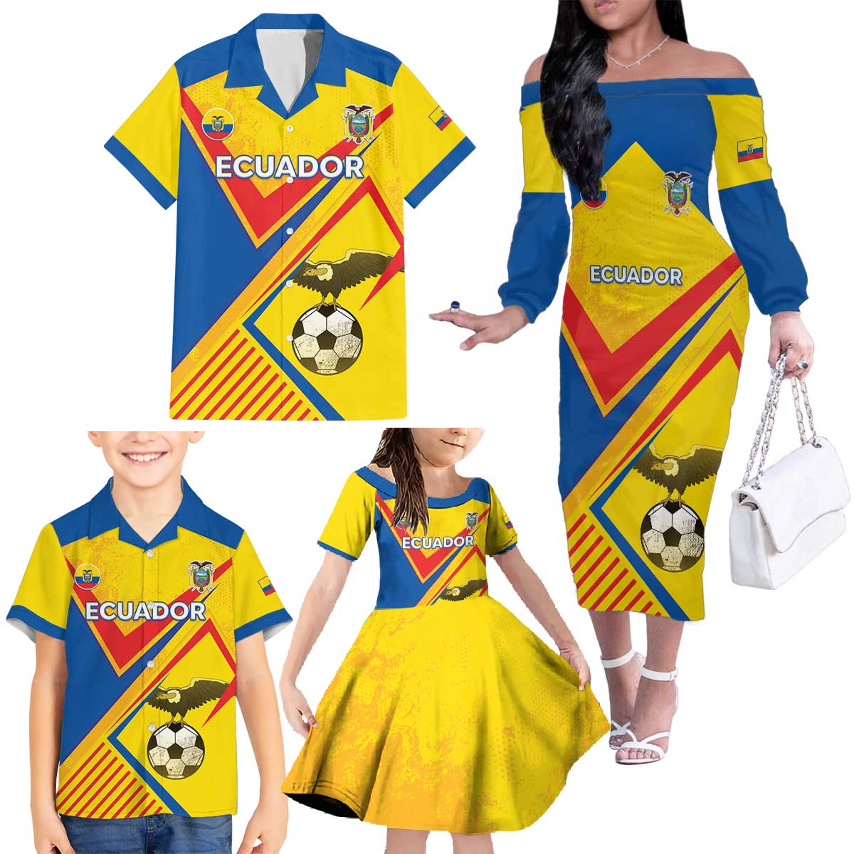 Custom Ecuador Football Family Matching Off The Shoulder Long Sleeve Dress and Hawaiian Shirt La Tricolor Sporty Style