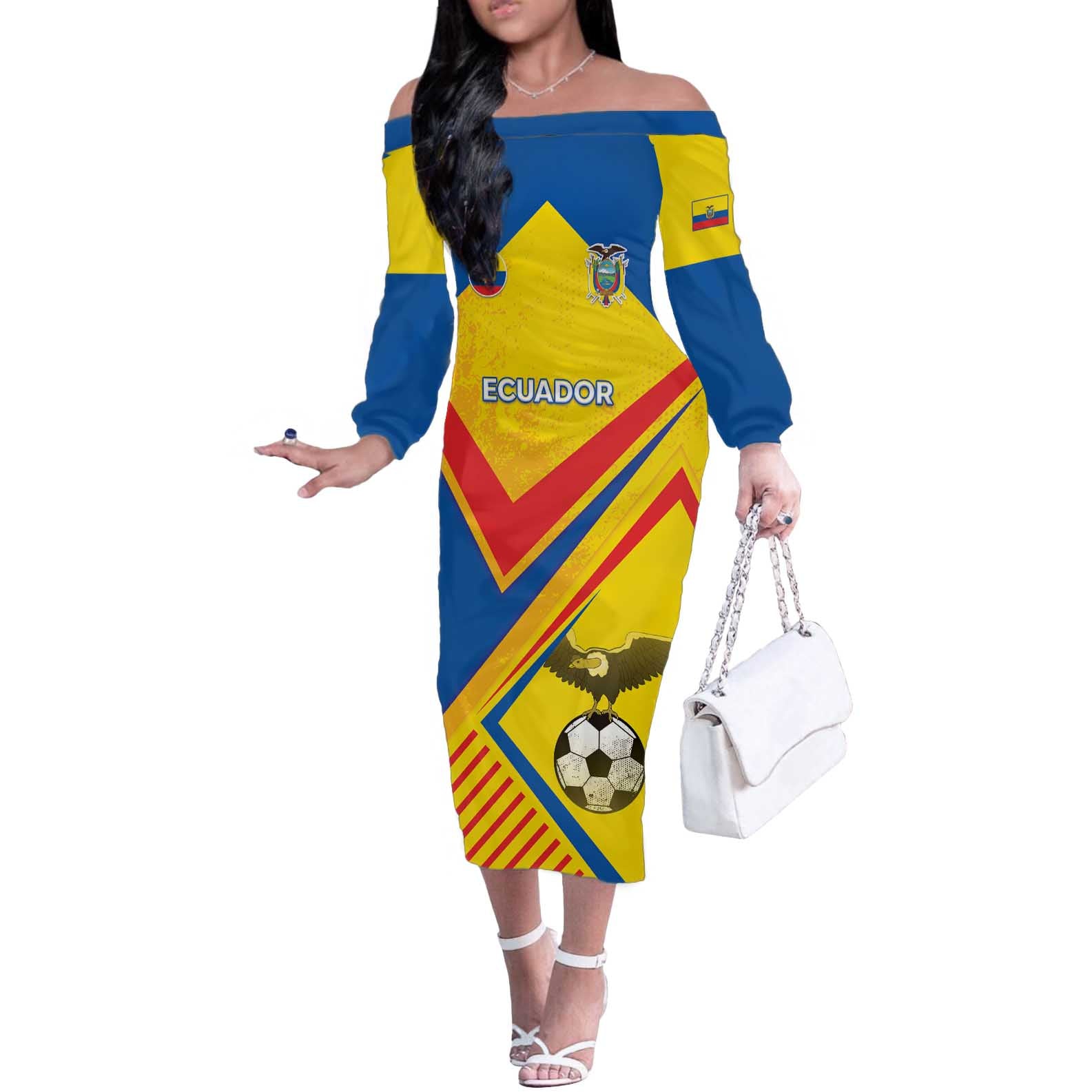 Custom Ecuador Football Off The Shoulder Long Sleeve Dress La Tricolor Sporty Style