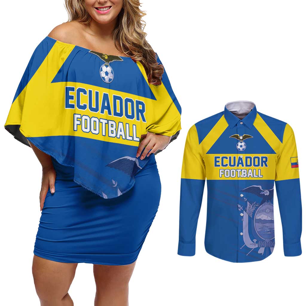 Custom Ecuador Football Couples Matching Off Shoulder Short Dress and Long Sleeve Button Shirt Go Champions