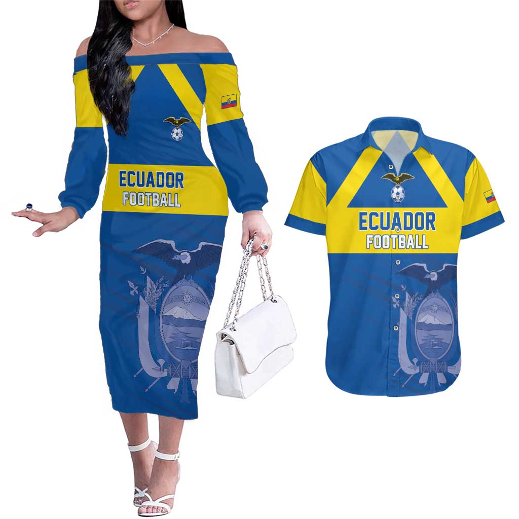 Custom Ecuador Football Couples Matching Off The Shoulder Long Sleeve Dress and Hawaiian Shirt Go Champions