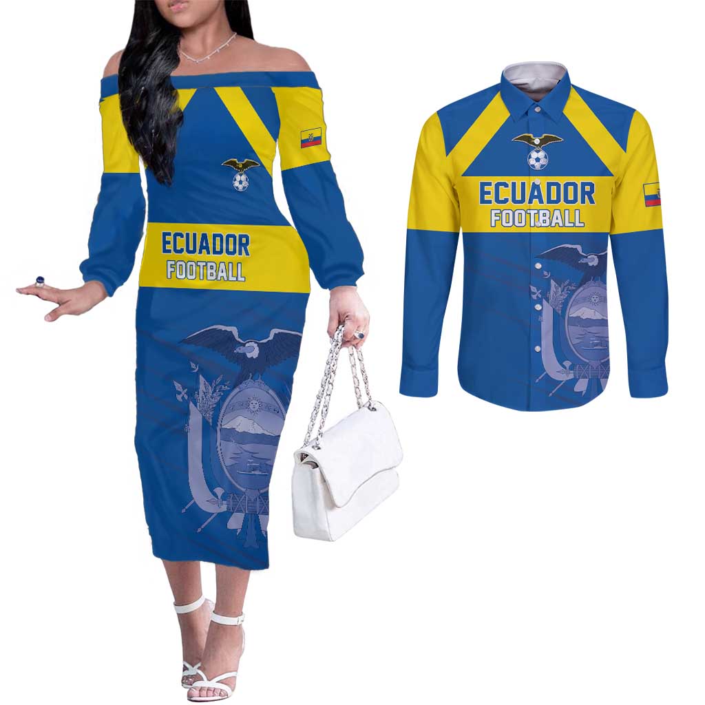 Custom Ecuador Football Couples Matching Off The Shoulder Long Sleeve Dress and Long Sleeve Button Shirt Go Champions