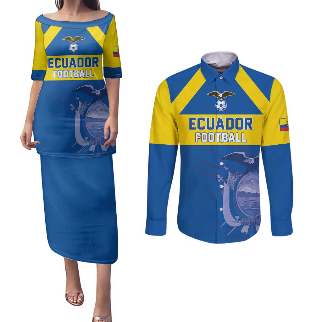 Custom Ecuador Football Couples Matching Puletasi and Long Sleeve Button Shirt Go Champions