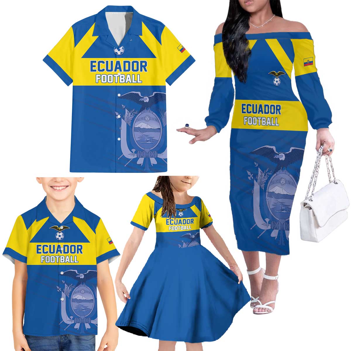 Custom Ecuador Football Family Matching Off The Shoulder Long Sleeve Dress and Hawaiian Shirt Go Champions