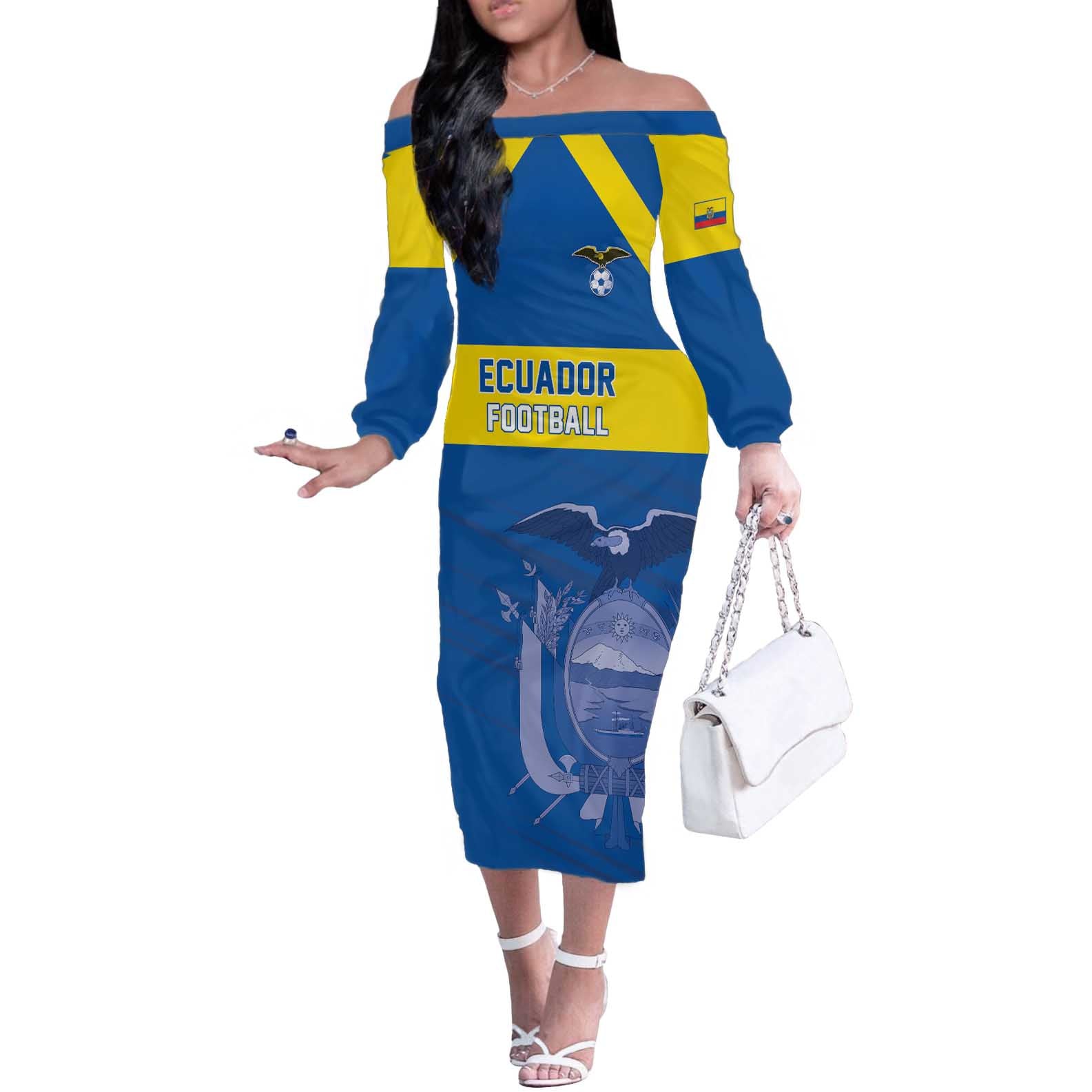 Custom Ecuador Football Off The Shoulder Long Sleeve Dress Go Champions