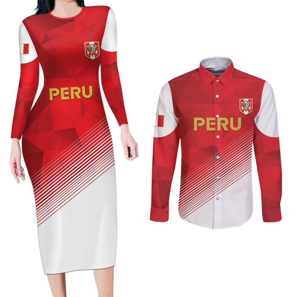 Custom Peru Football Couples Matching Long Sleeve Bodycon Dress and Long Sleeve Button Shirt Sporty Style