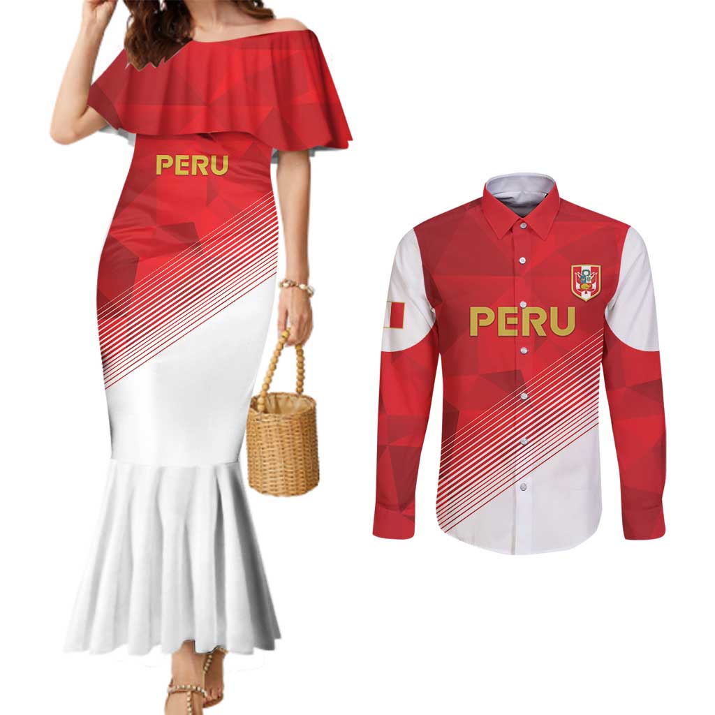 Custom Peru Football Couples Matching Mermaid Dress and Long Sleeve Button Shirt Sporty Style