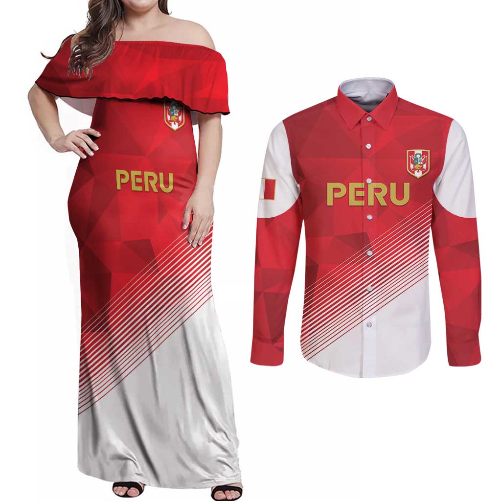 Custom Peru Football Couples Matching Off Shoulder Maxi Dress and Long Sleeve Button Shirt Sporty Style