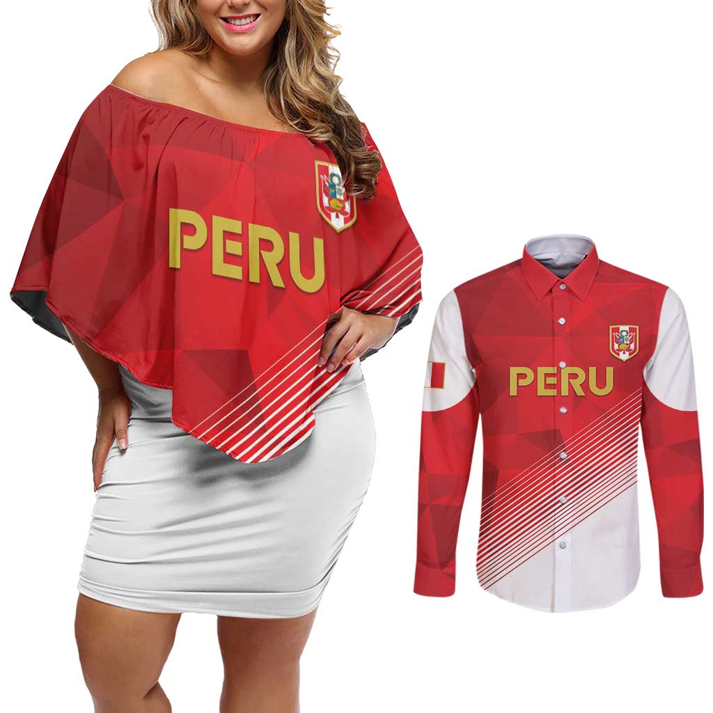 Custom Peru Football Couples Matching Off Shoulder Short Dress and Long Sleeve Button Shirt Sporty Style