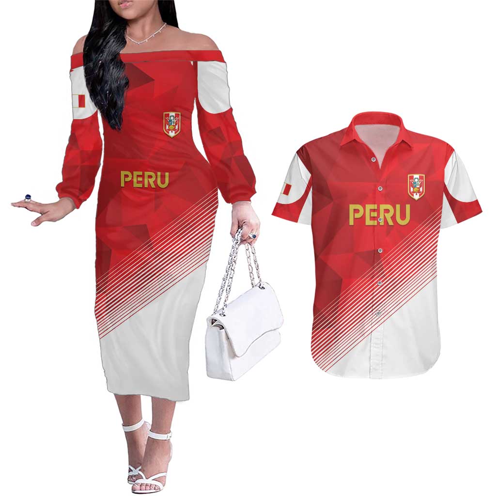 Custom Peru Football Couples Matching Off The Shoulder Long Sleeve Dress and Hawaiian Shirt Sporty Style