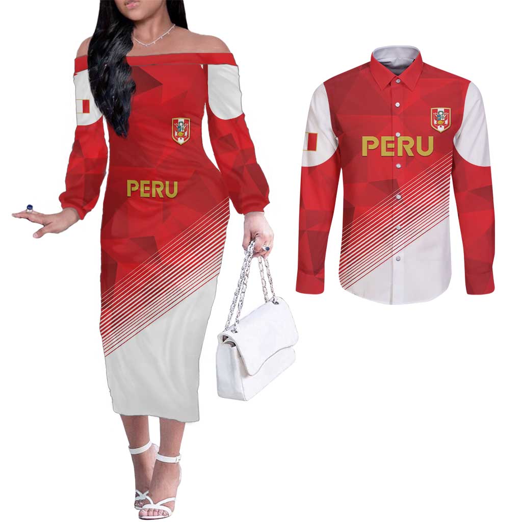 Custom Peru Football Couples Matching Off The Shoulder Long Sleeve Dress and Long Sleeve Button Shirt Sporty Style